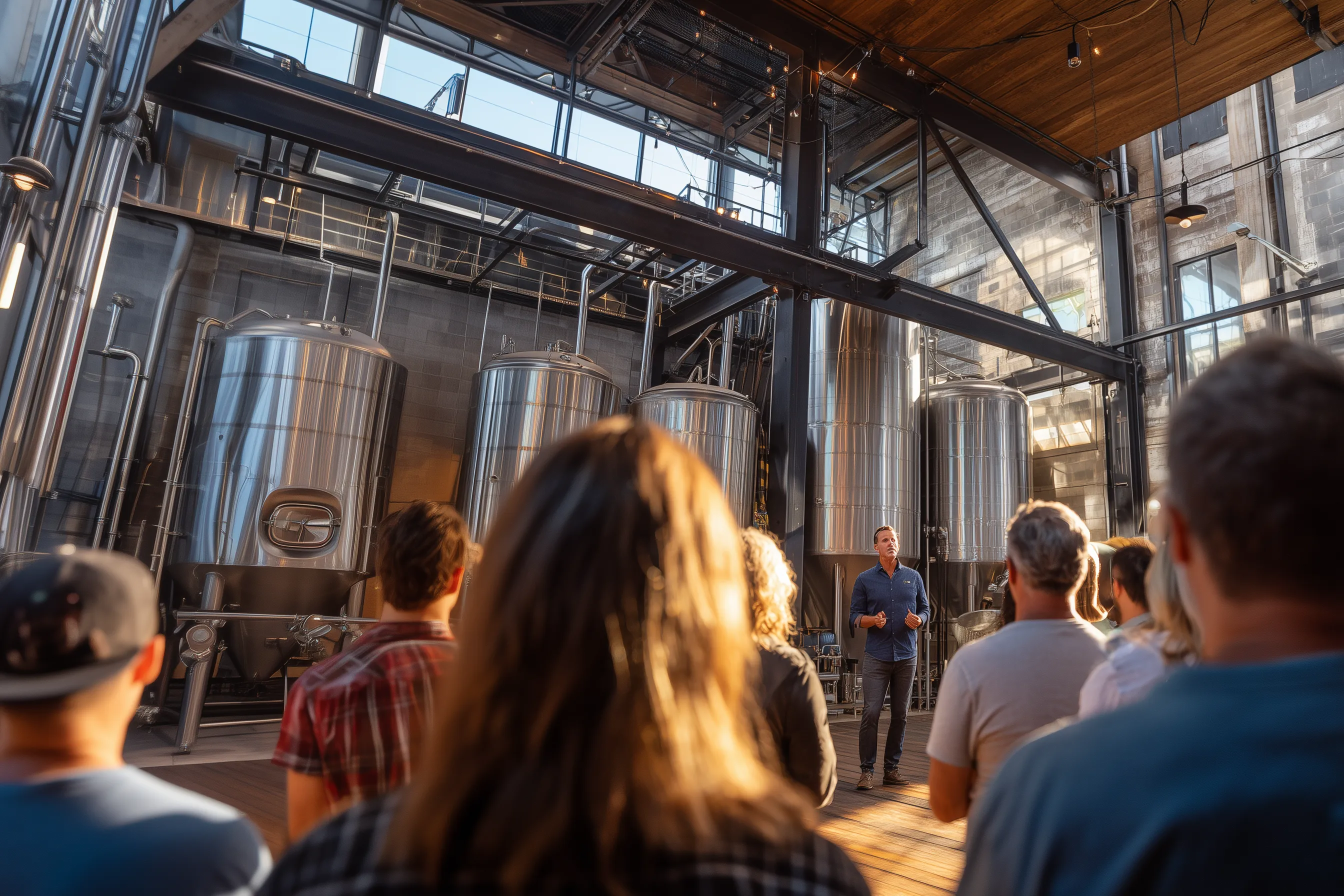Business founder at a brewery meeting with team